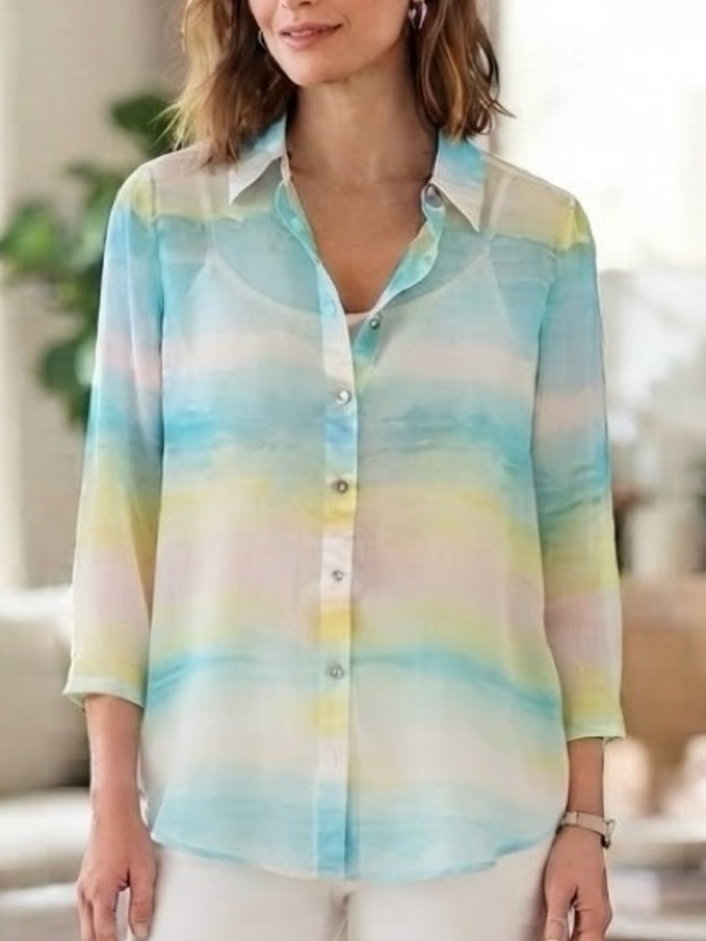 Chico's Blue Yellow Watercolor Stripe Button Down Shirt Size 2 (Large 12-14)
